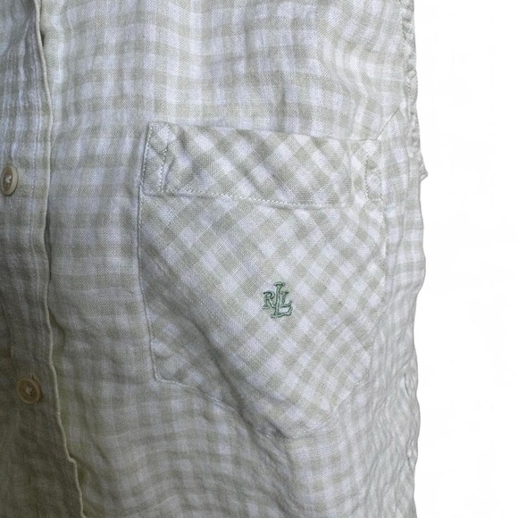 Ralph Lauren White and Green 100% Linen Sleeveless Button Down Shirt - Picture 5 of 8